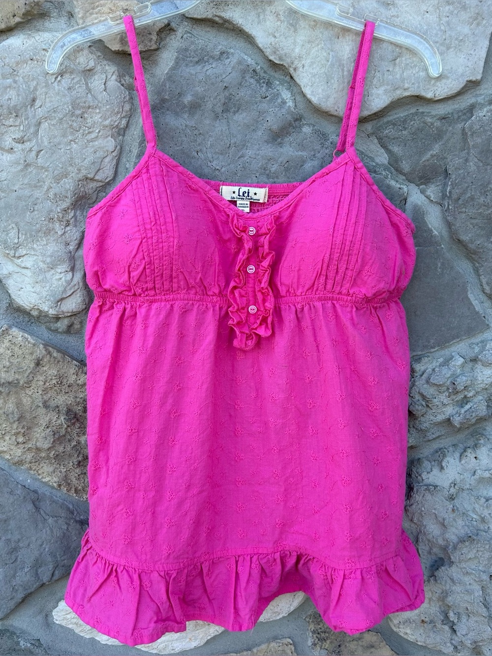 Vintage Y2K Lei Babydoll Top Size XL Pink Cottagecore Cami Eyelet Cotton Padded